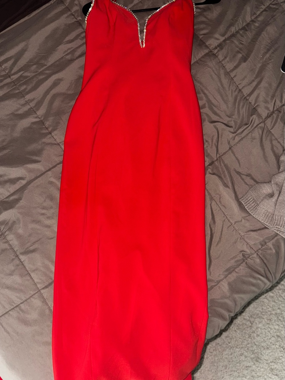 Elegant Red Midi Dress with Embellished Neckline